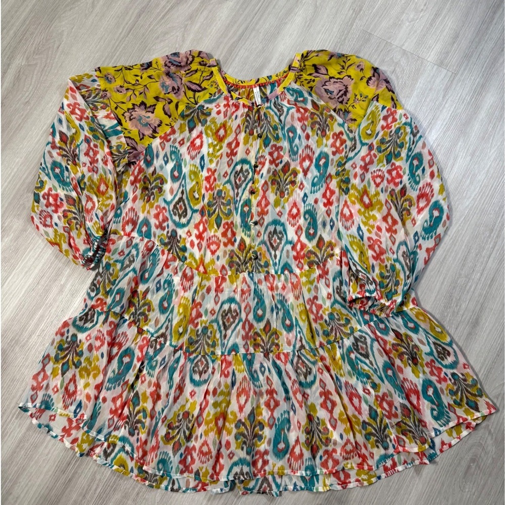 Anthropologie A+ Mixed Ikat Floral Tiered Tunic Blouse Multi Color 1X
